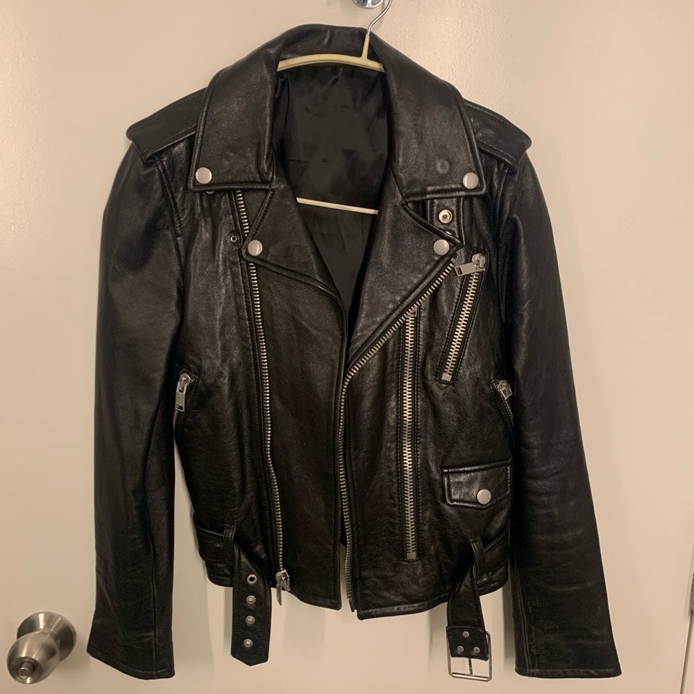 Genuine leather black leather jacket motor biker jacket one size - extra small